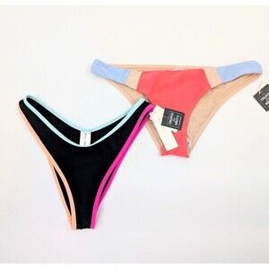 2 Bikini Bottom Women Large Black Coral High Leg & Hipster Swimsuit Beach Resort